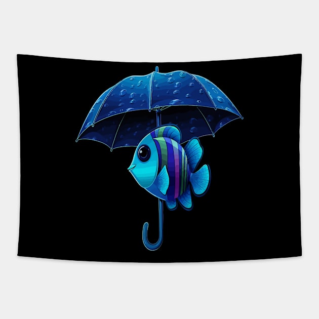 Blue Tang Rainy Day With Umbrella Tapestry by JH Mart