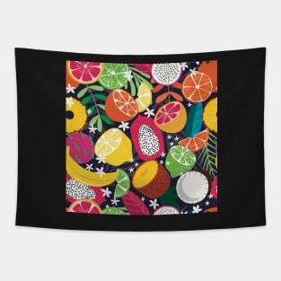 Colorful, juicy pattern with tropical fruits like lemon, pineapple, coconut, pitaya, dragonfruit, lime, banana, orange on dark background Tapestry