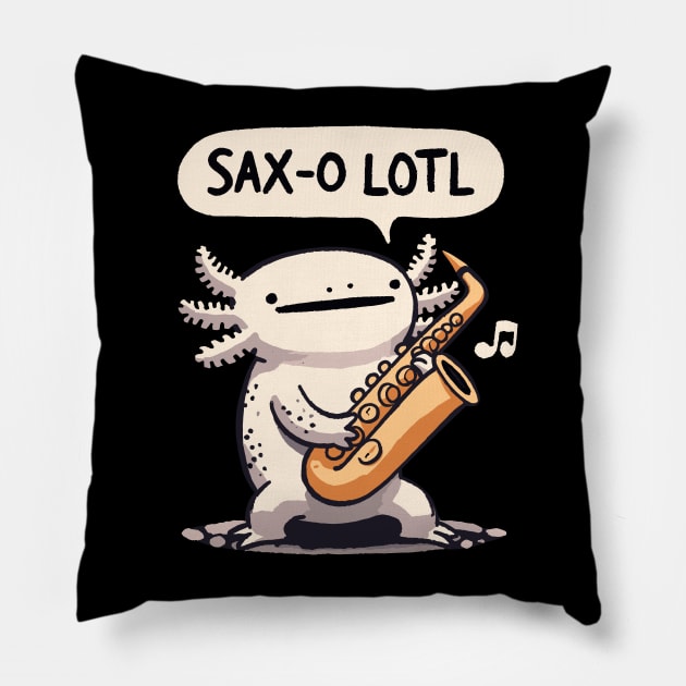 Saxolotl Axolotl Saxophone Design Pillow by DoodleDashDesigns