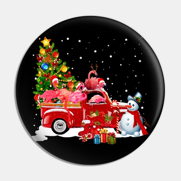 Red Truck Merry Christmas Tree Flamingos Dog Christmas T-Shirt Pin by kimmygoderteart