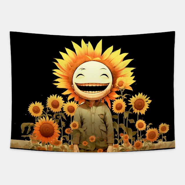 Sunflower Smiles: Be Happy Today on a dark (Knocked Out) background Tapestry by Puff Sumo