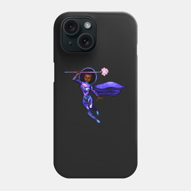 Black anime superhero girl from outer space with cape ! beautiful  black girl with Afro hair, brown eyes, Cherry pink lips and dark brown skin. Hair love ! Phone Case by Artonmytee