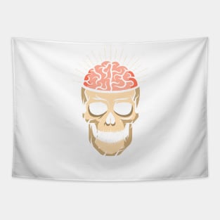 Skull with brain and rays on dark background Tapestry