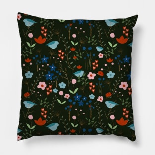 Blueish Nature With Mountain Bluebird, Lady Bug And Flowers Pillow