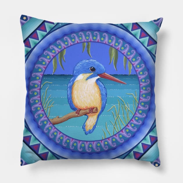 Kingfisher Bird Mandala Pillow by SoozieWray