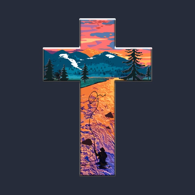 Christian Cross Fly Fishing Mountain Sunset by TeeCreations