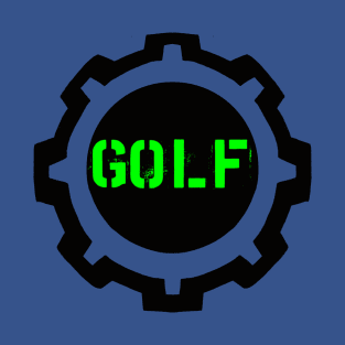 Green Golf Word in a Black Industrial Cog T-Shirt