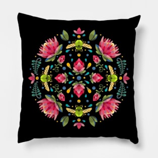 Dark Protea Flower Circle Pattern with Green Beetle Pillow