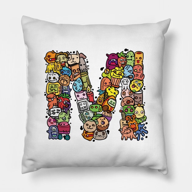 Alphabet Monster Doodle Letter M Monogram Pillow by Irene Koh Studio