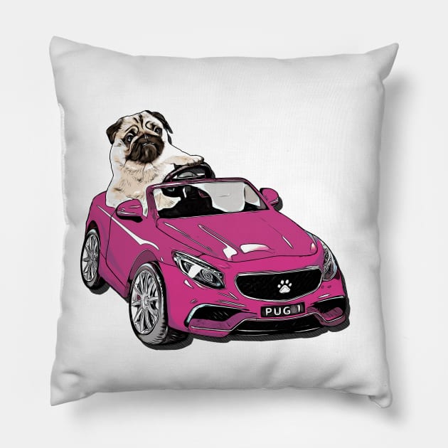 Pug Racer - Pug Driving Car Pillow by CreativeFlares