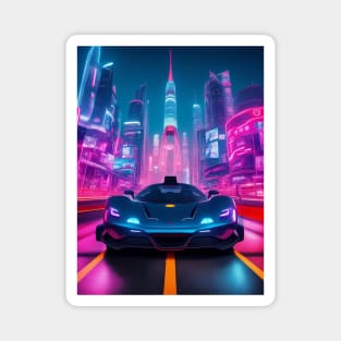 Dark Neon Sports Car in Asian Neon City Magnet