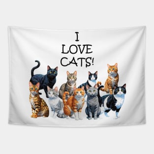 I Love Cats - funny watercolour cat designs, black cat, ginger cat, gray cat, bengal, tabby cat, lots of cats Tapestry