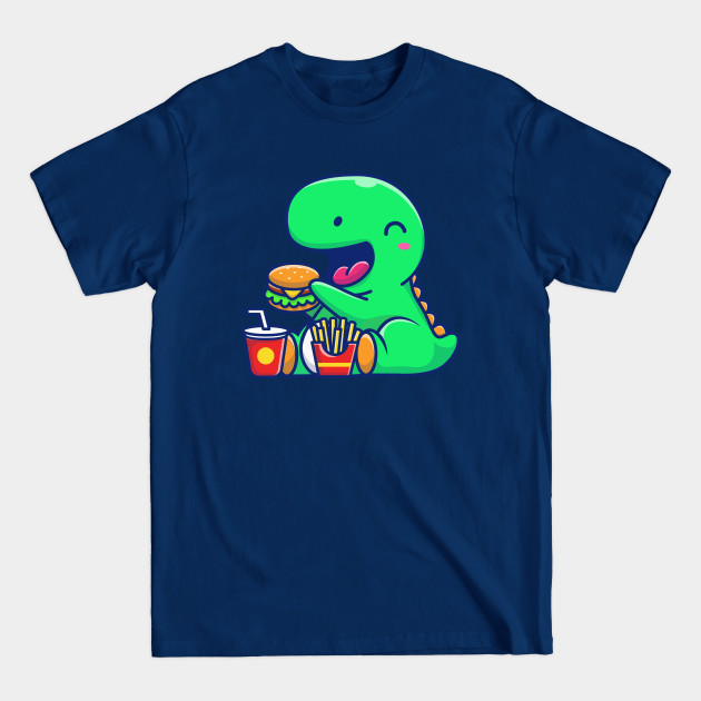 Disover Cute Dinosaur Eating Burger, French Fries And Drink Cartoon - Dinosaur - T-Shirt