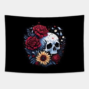 Spooky skull with red roses and sunflower floral Tapestry