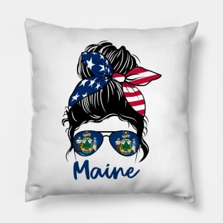 Maine girl Messy bun , American Girl , Maine Flag Pillow