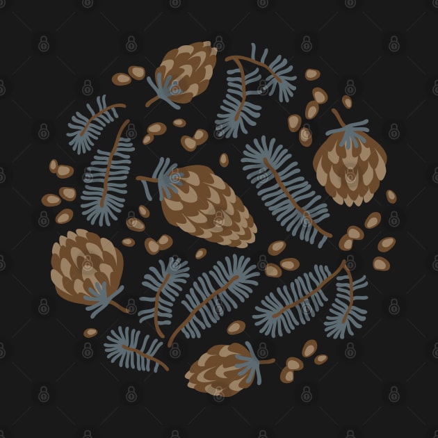 Pattern of coniferous twigs, nuts and cones (dark) by lents