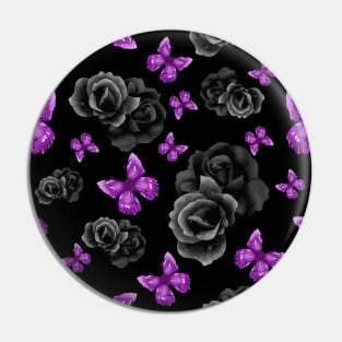 Purple Butterflies and Black Roses w/ Black Background Pin