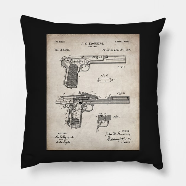 Browning Pistol Patent - Gun Lover Military Fan Art - Antique Pillow by patentpress