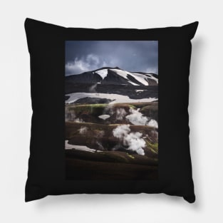 Mountains seen on Laugavegur Hiking Trail with Steamy River in Iceland Pillow