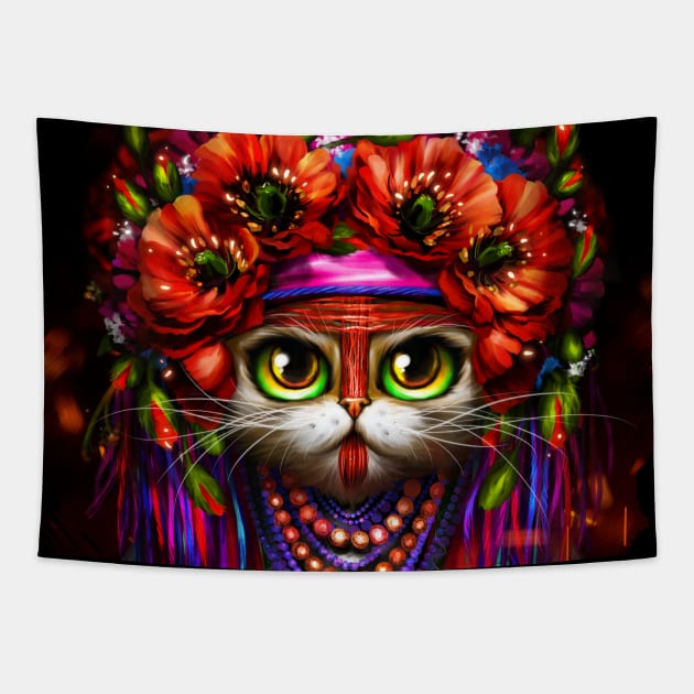 A Ukrainian cat Motanka in folk costume with a wreath of flowers on her head Tapestry by Marysha_art