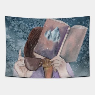 Wanderlust books girl with coffee Tapestry