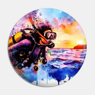 Artistic illustration of a beach scene of girl scuba diving Pin