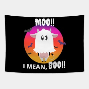 Moo, I mean Boo - Halloween Ghost Cow with bats Tapestry