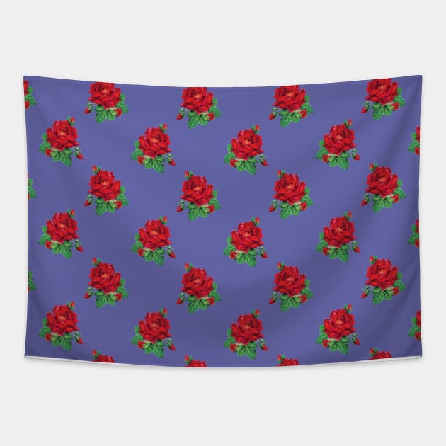 Red vintage roses on Very Peri Tapestry by bettyretro