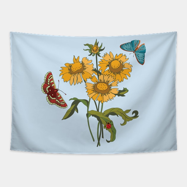 Botanical illustration  a plant with yellow flowers, a butterfly and a ladybug Tapestry by EEVLADA