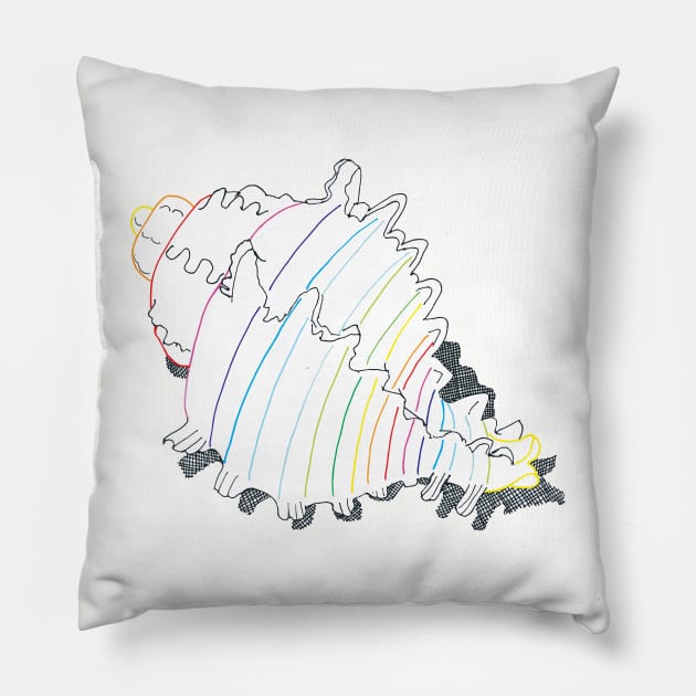 Rainbow Conch Sea Shell Fine Line Art Pen Drawing Pillow by Ciara Shortall Art
