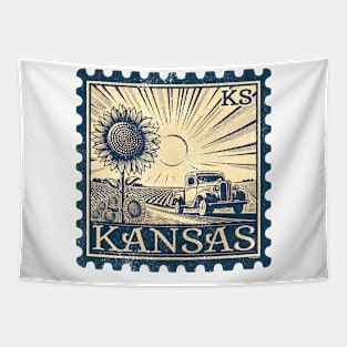 Kansas Sunflowers with Pickup Truck Vintage Stamp Tapestry