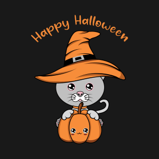 Happy Halloween Cute Cat, Kawaii black cat with pumpkin T-Shirt