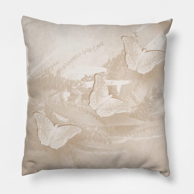 Butterflies and wattle in beige Pillow by hereswendy