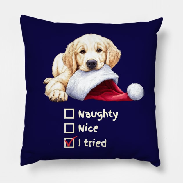 Naughty or Nice Golden Retriever Pup Pillow by ZogDog Pro