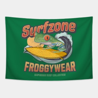 Cute and Funny red eyed tree frog surfing using froggy wear amphibian surf attire tee Tapestry