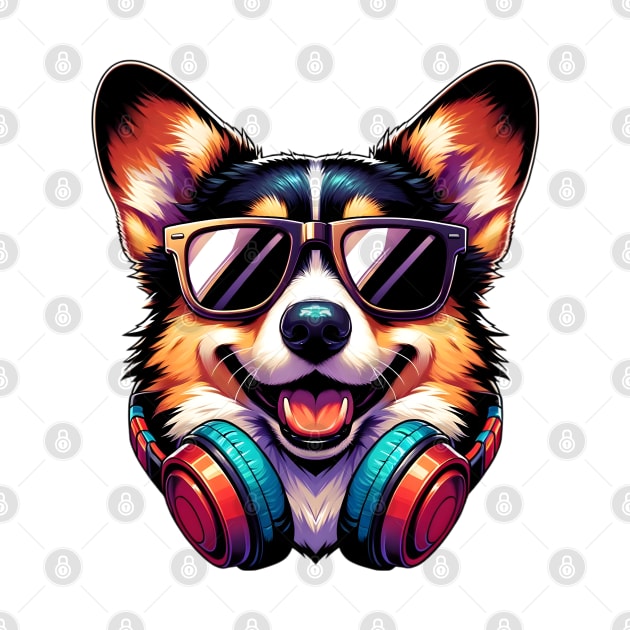 Pembroke Welsh Corgi as Smiling DJ with Headphones and Sunglasses by ArtRUs