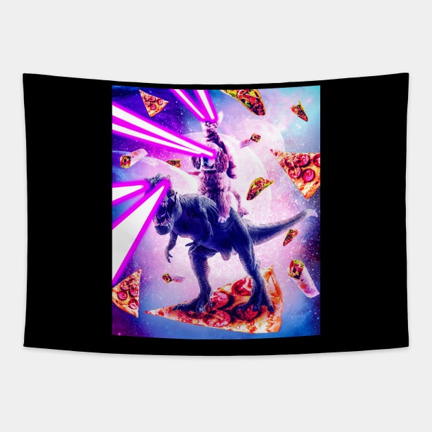 Laser Eyes Space Cat Riding Dog And Dinosaur Tapestry by Random Galaxy