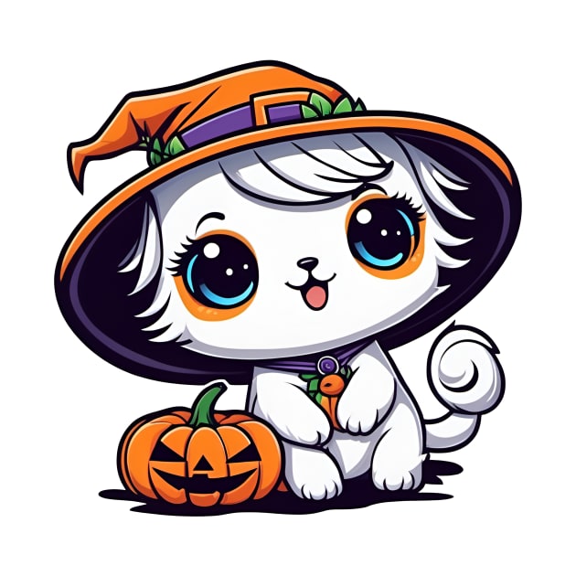 Cut cat wearing a witches hat and with cute pumpkin by CreativeXpro