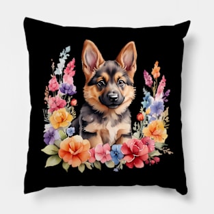 A german shepherd decorated with beautiful watercolor flowers Pillow