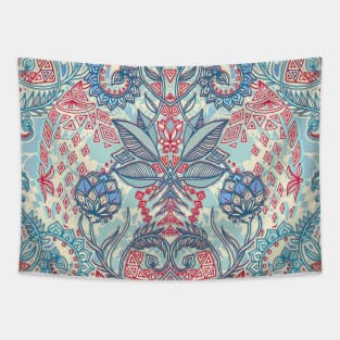 Botanical Geometry - nature pattern in red, blue & cream Tapestry