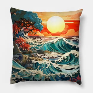 Waves ocean sunset Pillow