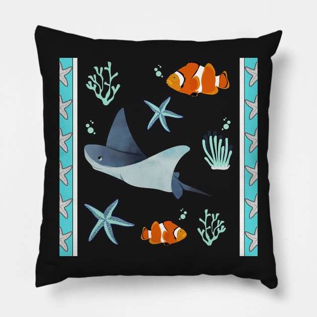 PACIFIC BLUE PATTERN STARFISH ORANGE CLOWNFISH BEACH HOUSE PRINTS DECOR IDEAS AND MORE STINGRAY STARFISH Pillow by KathyNoNoise