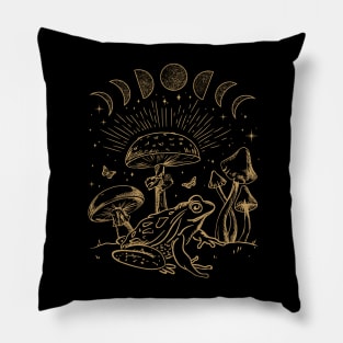 Frog Under Mushroom and Moon, Dark Academia Cottagecore Toad and Butterfly Pillow