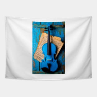 Blue Violin Hanging On Blue Wall Tapestry