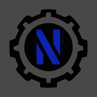 Blue Letter N in a Black Industrial Cog T-Shirt