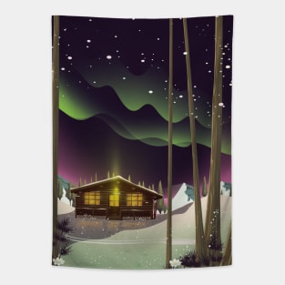 Cabin in the Winter Woods Tapestry