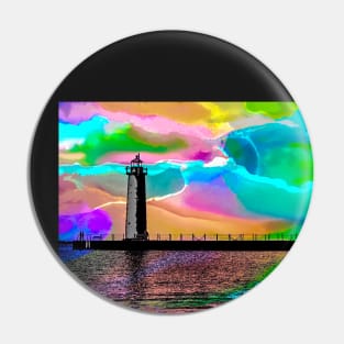 Watercolor Sunset at Muskegon South Pier Lighthouse Pin
