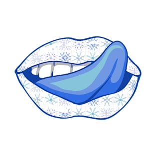 Artistic Abstract Blue  Snowflakes Pattern Lips  with Blue Tongue with Blue Outline  - by Iskybibblle T-Shirt