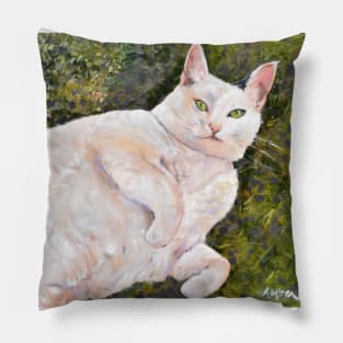 White Cat on Grass Pillow