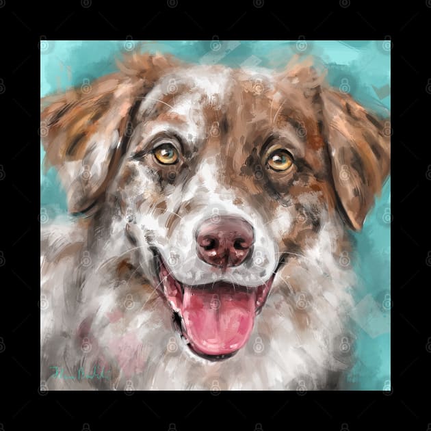 An Expressive Painting of a Brown and White Australian Shepherd Smiling by ibadishi